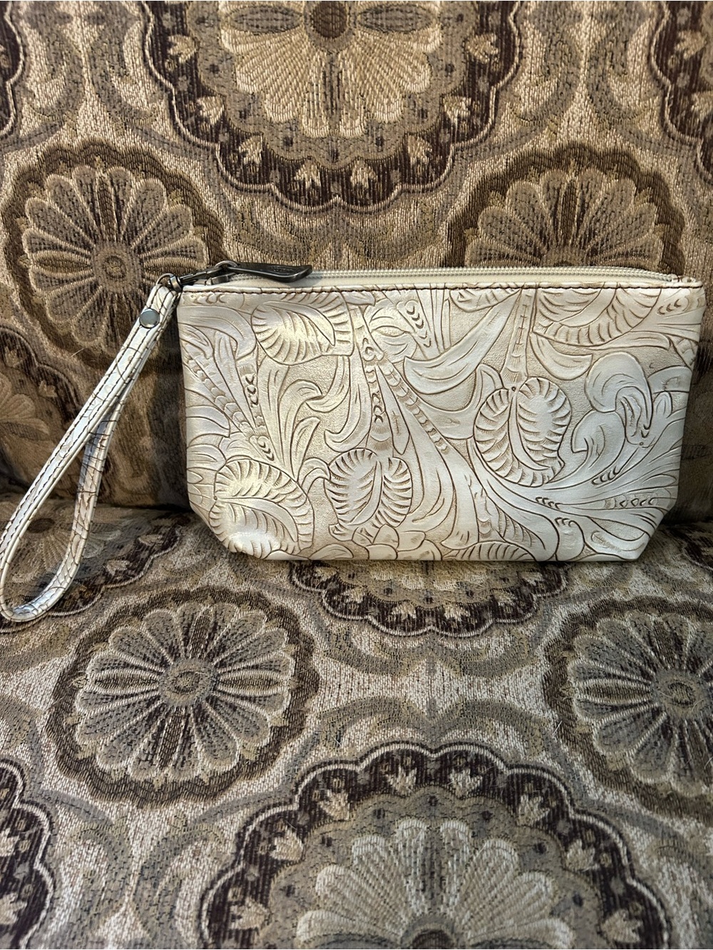 Justin Boots Embossed Tooled Floral Wristlet Clutch - Cream